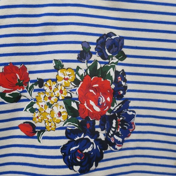 TORY BURCH FLORAL Tee Shirt top 100% cotton striped blue white short sleeves Sml - Picture 3 of 9